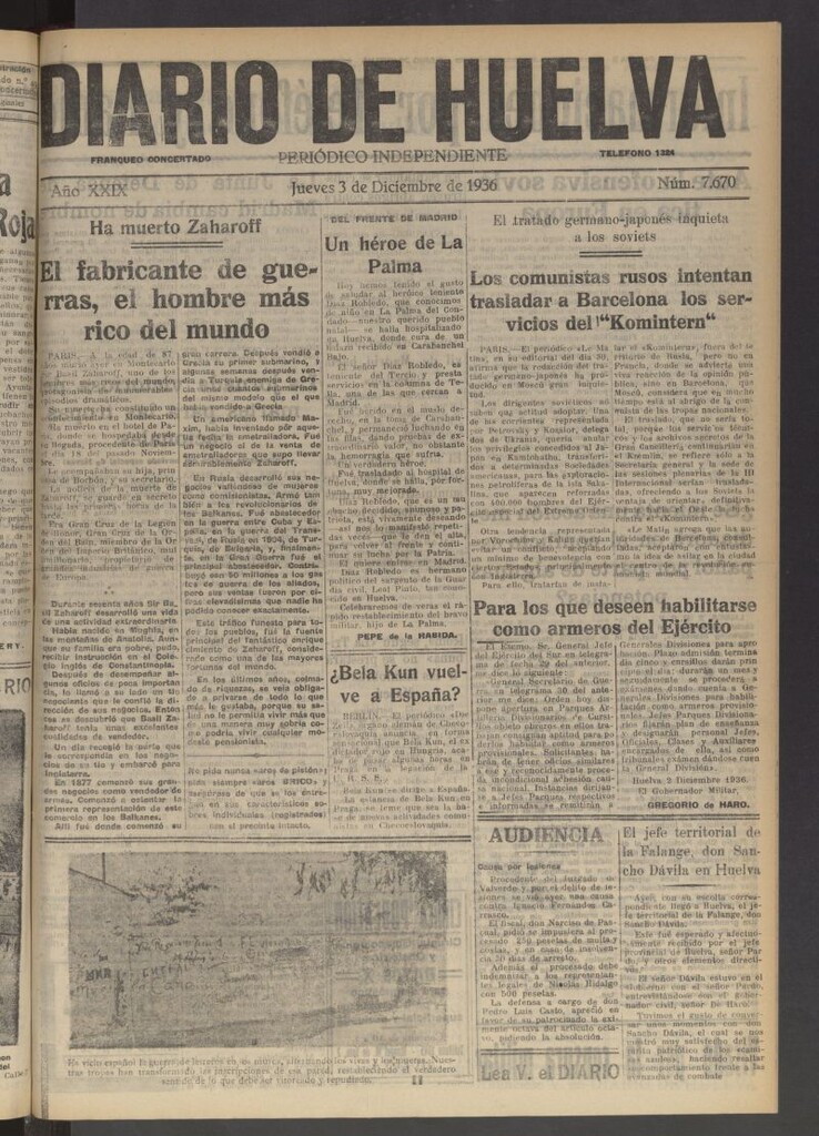 Miniatura de Diario de Huelva : periódico independiente del 3 de diciembre de 1936
