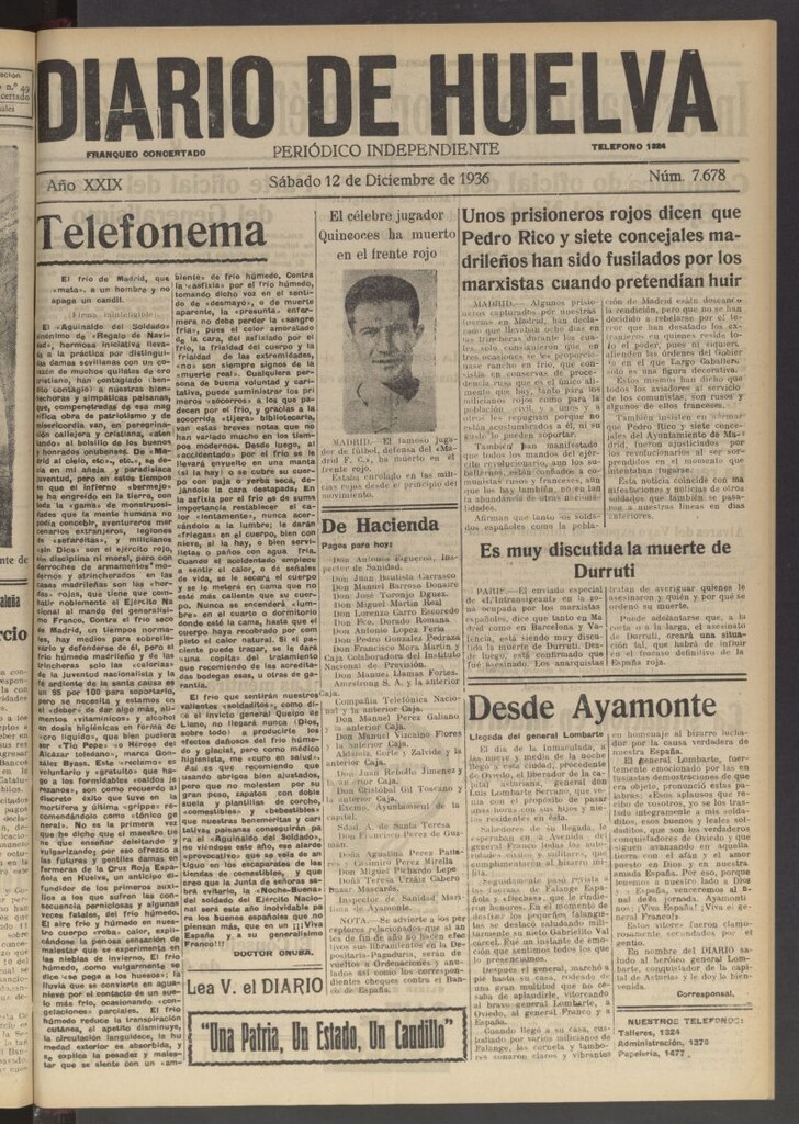 Miniatura de Diario de Huelva : periódico independiente del 12 de diciembre de 1936