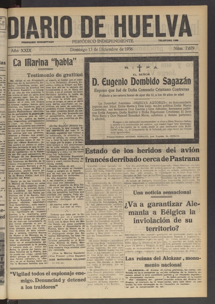 Miniatura de Diario de Huelva : periódico independiente del 13 de diciembre de 1936