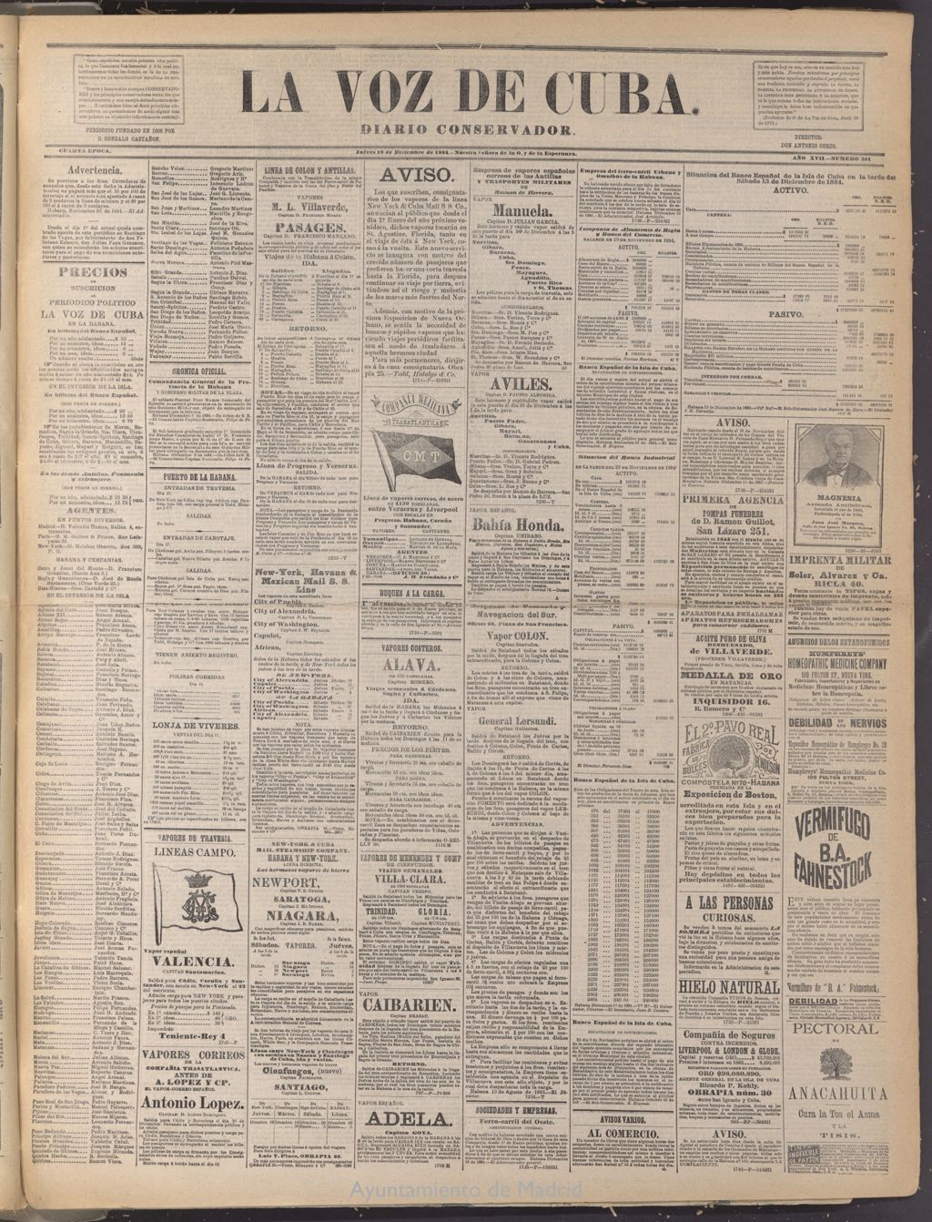 Miniatura de La Voz de Cuba: diario conservador del 18 de diciembre de 1884