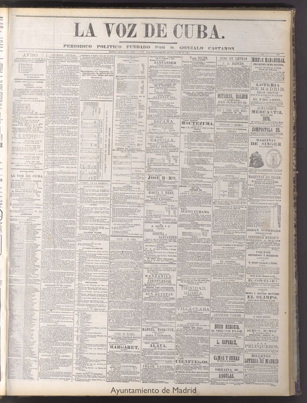 Miniatura de La Voz de Cuba : diario conservador del 13 de abril de 1876