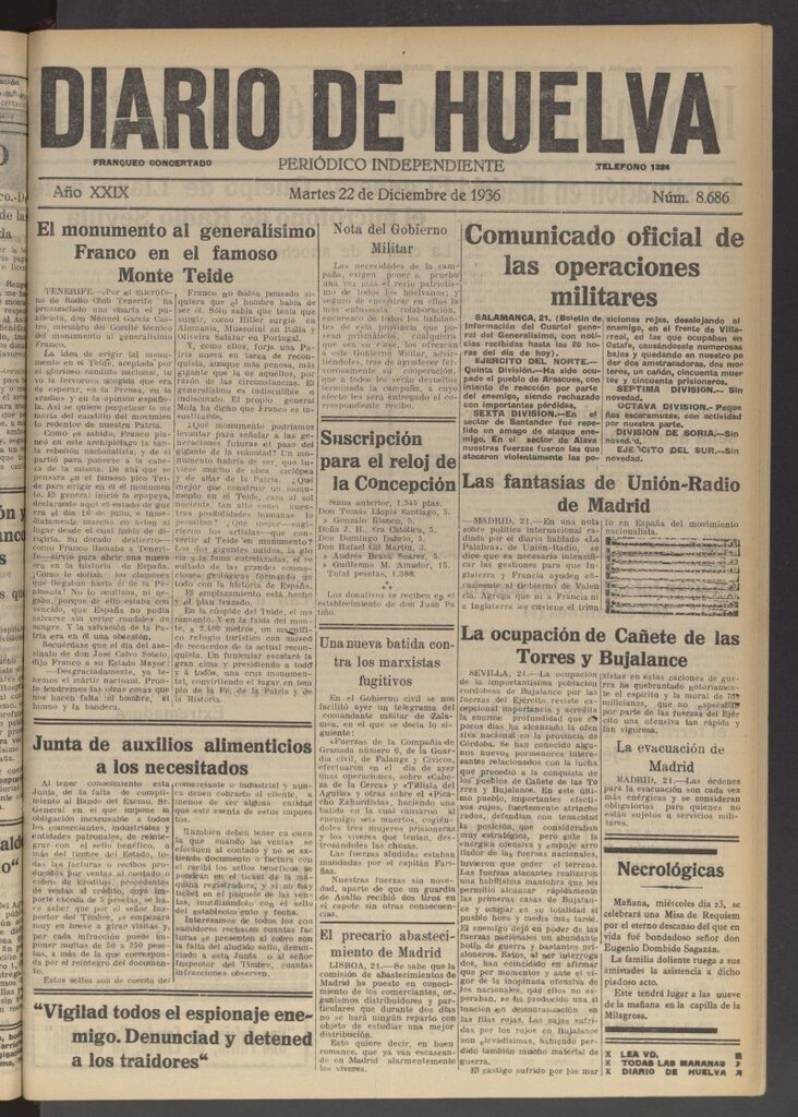 Miniatura de Diario de Huelva : periódico independiente del 22 de diciembre de 1936