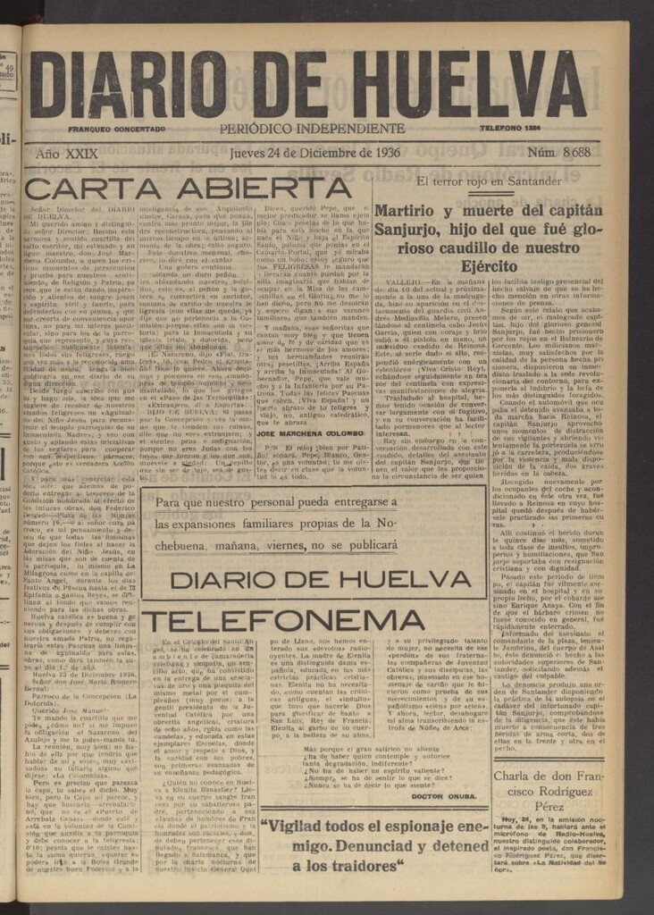 Miniatura de Diario de Huelva : periódico independiente del 24 de diciembre de 1936