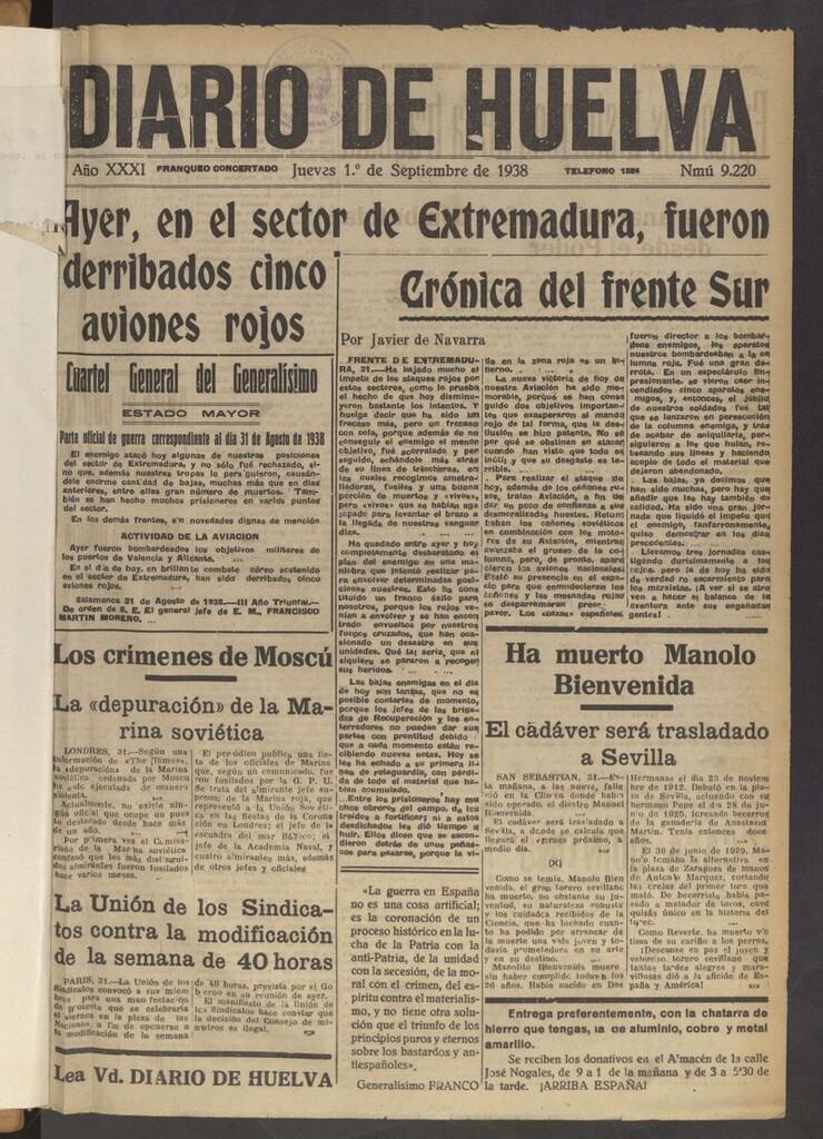 Miniatura de Diario de Huelva : periódico independiente del 1 de septiembre de 1938