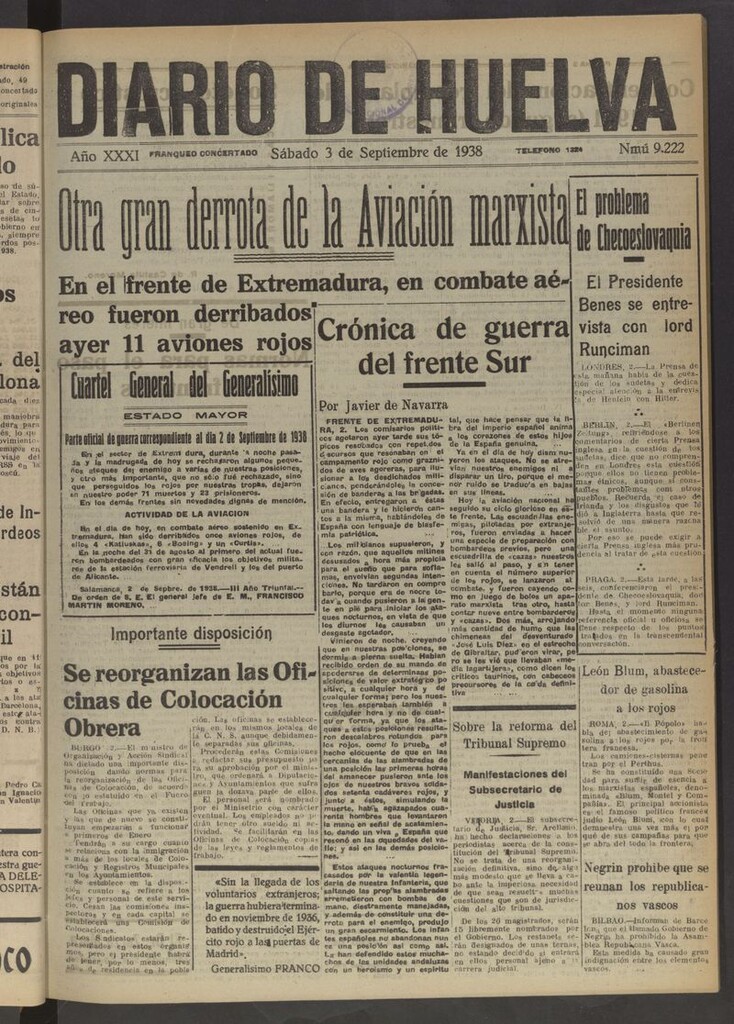 Miniatura de Diario de Huelva : periódico independiente del 3 de septiembre de 1938