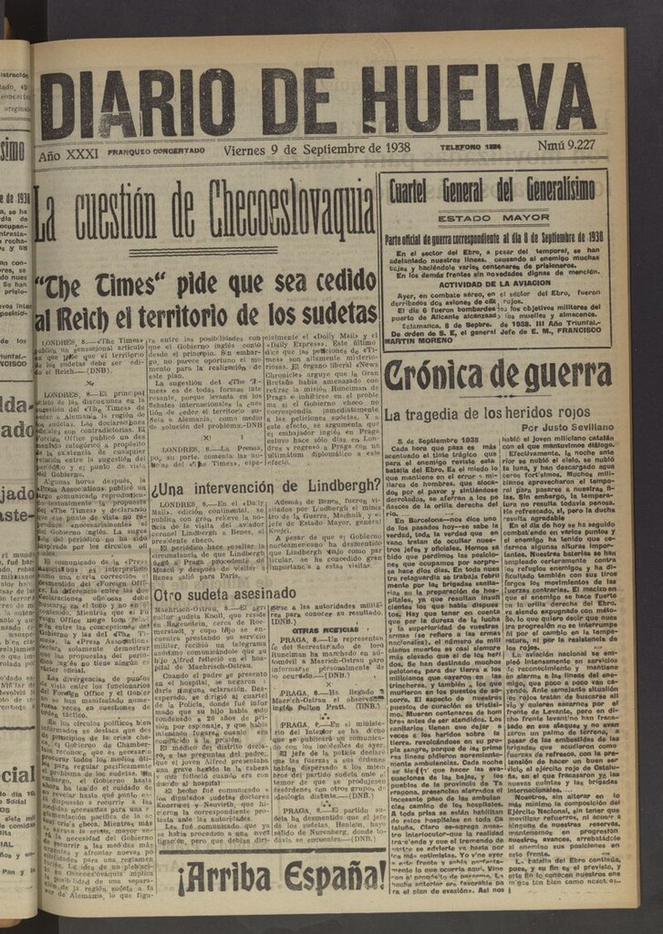 Miniatura de Diario de Huelva : periódico independiente del 9 de septiembre de 1938