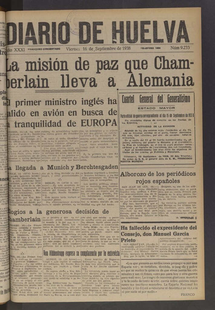 Miniatura de Diario de Huelva : periódico independiente del 16 de septiembre de 1938