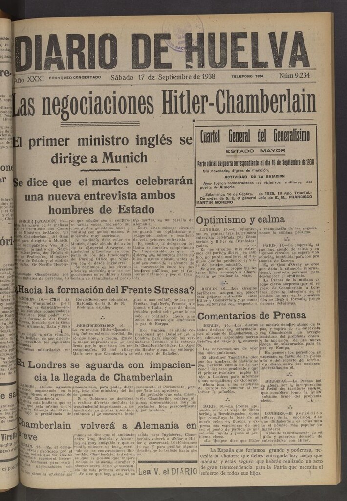 Miniatura de Diario de Huelva : periódico independiente del 17 de septiembre de 1938