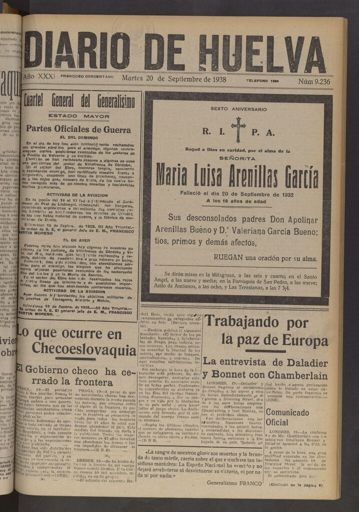 Miniatura de Diario de Huelva : periódico independiente del 20 de septiembre de 1938