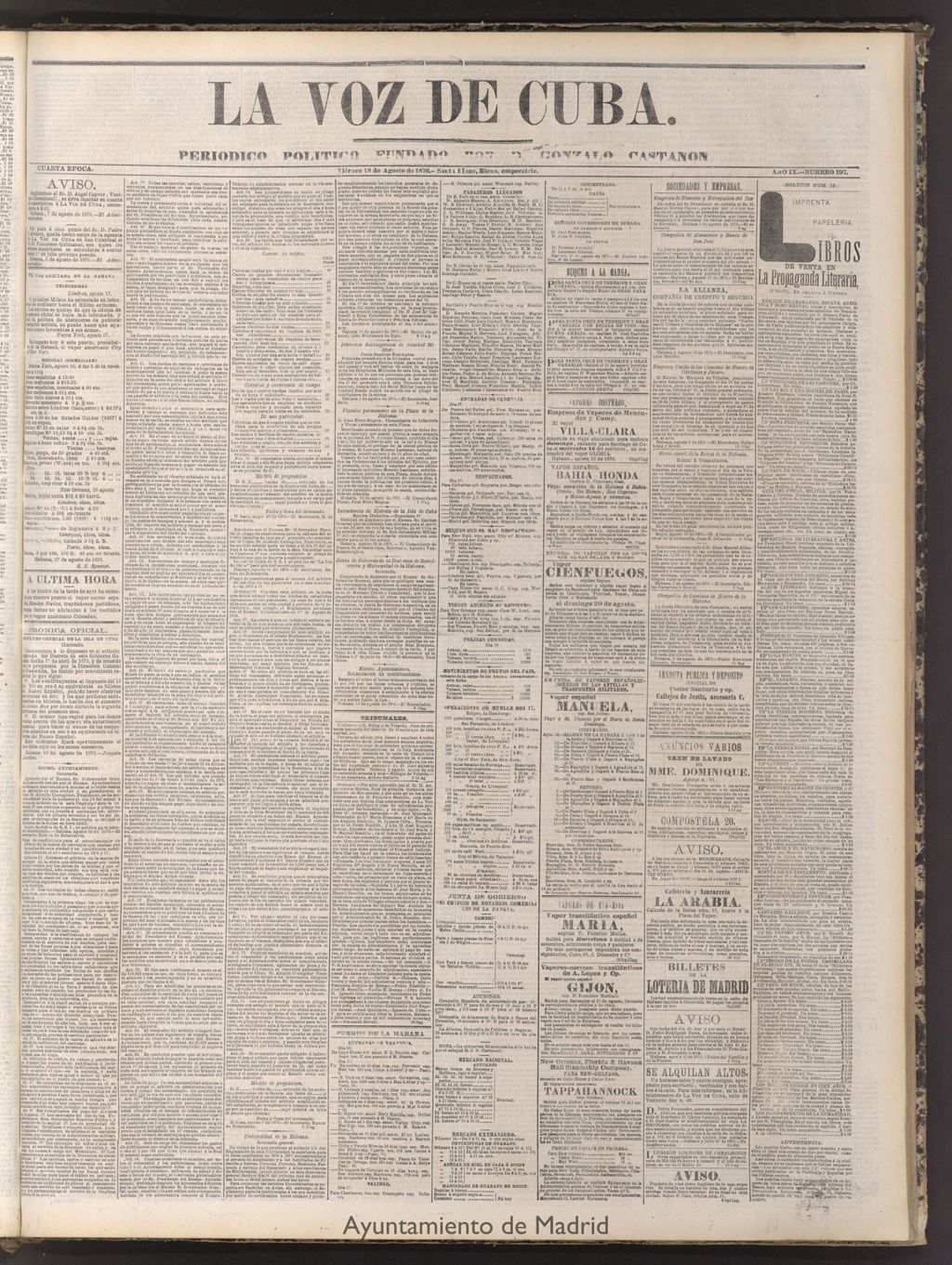 Miniatura de La Voz de Cuba : diario conservador del 18 de agosto de 1876