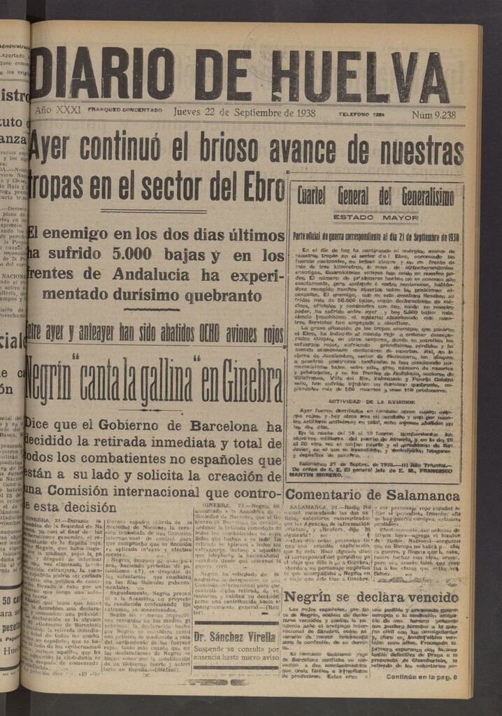 Miniatura de Diario de Huelva : periódico independiente del 22 de septiembre de 1938