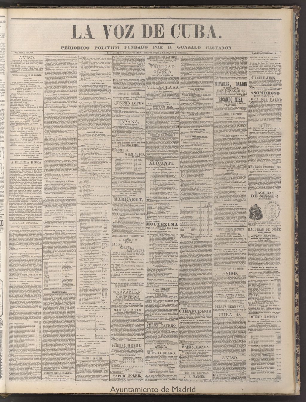 Miniatura de La Voz de Cuba : diario conservador del 13 de septiembre de 1876