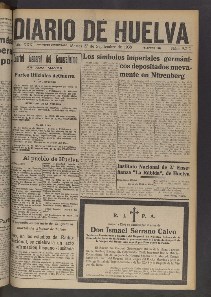 Miniatura de Diario de Huelva : periódico independiente del 27 de septiembre de 1938