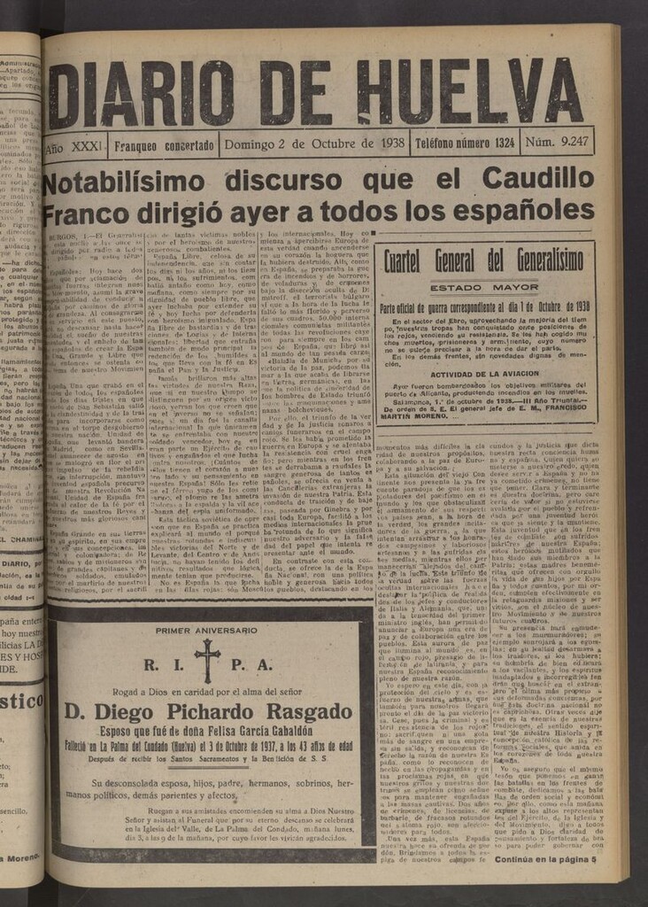 Miniatura de Diario de Huelva : periódico independiente del 2 de octubre de 1938