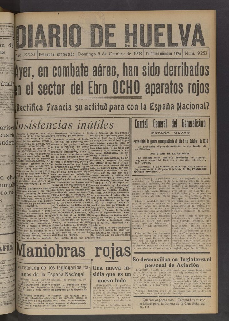 Miniatura de Diario de Huelva : periódico independiente del 9 de octubre de 1938