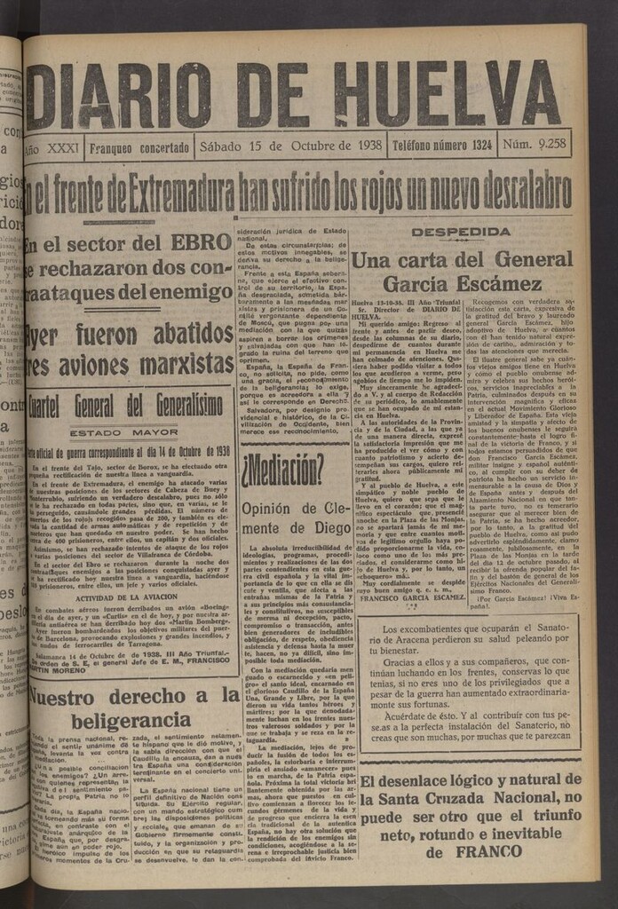 Miniatura de Diario de Huelva : periódico independiente del 15 de octubre de 1938