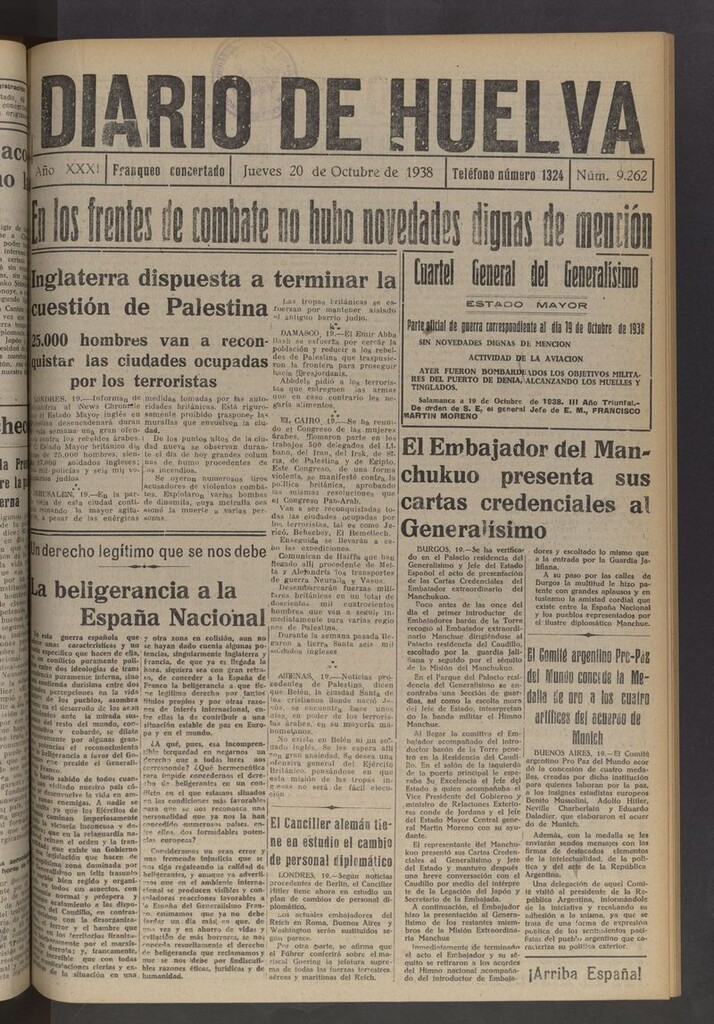 Miniatura de Diario de Huelva : periódico independiente del 20 de octubre de 1938