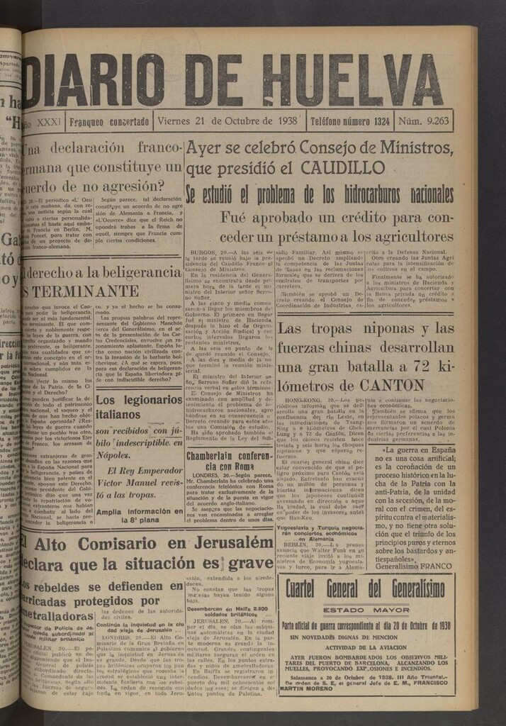 Miniatura de Diario de Huelva : periódico independiente del 21 de octubre de 1938