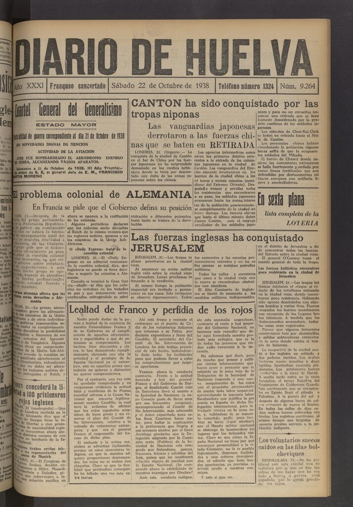 Miniatura de Diario de Huelva : periódico independiente del 22 de octubre de 1938