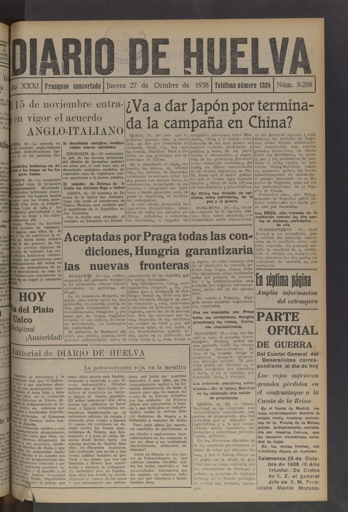 Miniatura de Diario de Huelva : periódico independiente del 27 de octubre de 1938