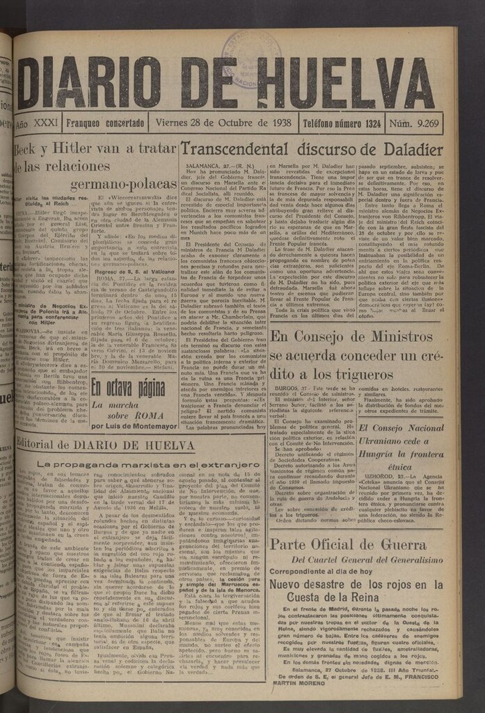 Miniatura de Diario de Huelva : periódico independiente del 28 de octubre de 1938