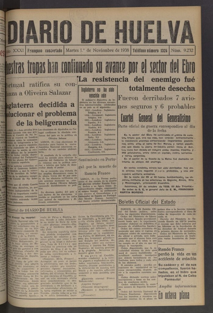 Miniatura de Diario de Huelva : periódico independiente del 1 de noviembre de 1938