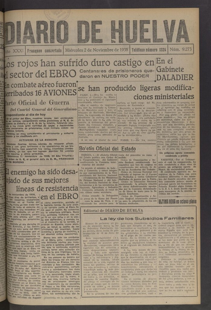 Miniatura de Diario de Huelva : periódico independiente del 2 de noviembre de 1938