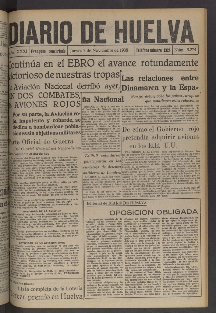 Miniatura de Diario de Huelva : periódico independiente del 3 de noviembre de 1938