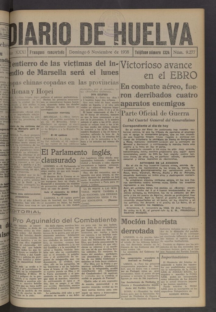 Miniatura de Diario de Huelva : periódico independiente del 6 de noviembre de 1938