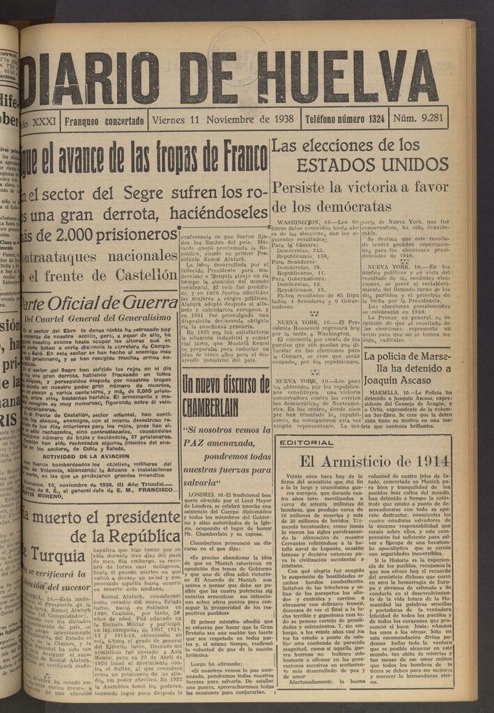 Miniatura de Diario de Huelva : periódico independiente del 11 de noviembre de 1938