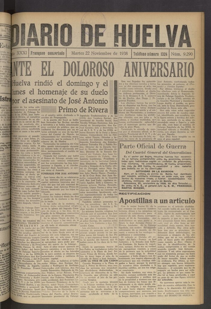 Miniatura de Diario de Huelva : periódico independiente del 22 de noviembre de 1938