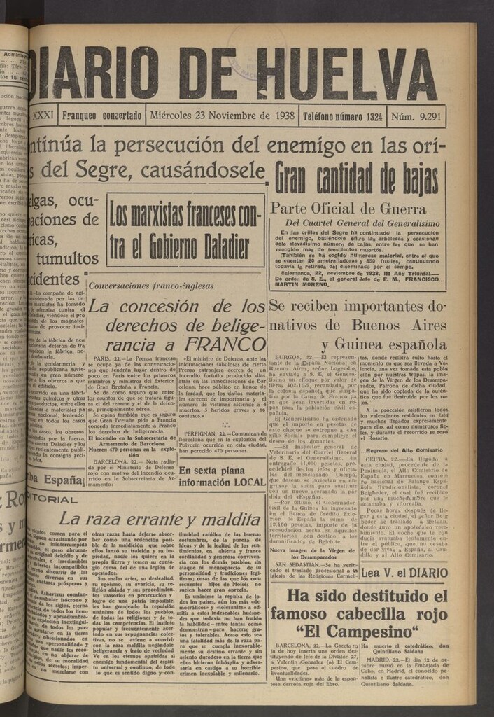 Miniatura de Diario de Huelva : periódico independiente del 23 de noviembre de 1938