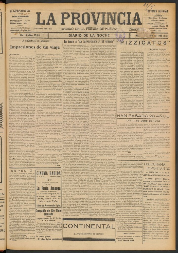 Miniatura de La Provincia : diario de la noche del 11 de julio de 1933