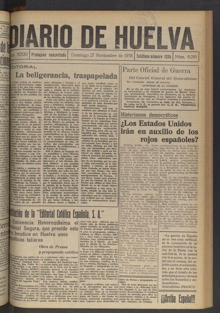 Miniatura de Diario de Huelva : periódico independiente del 27 de noviembre de 1938