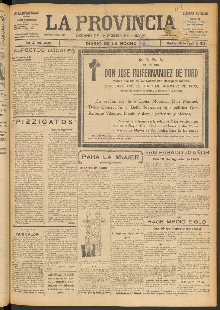 Miniatura de La Provincia : diario de la noche del 16 de agosto de 1933