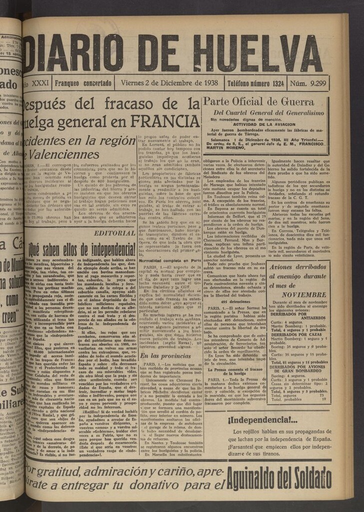 Miniatura de Diario de Huelva : periódico independiente del 2 de diciembre de 1938