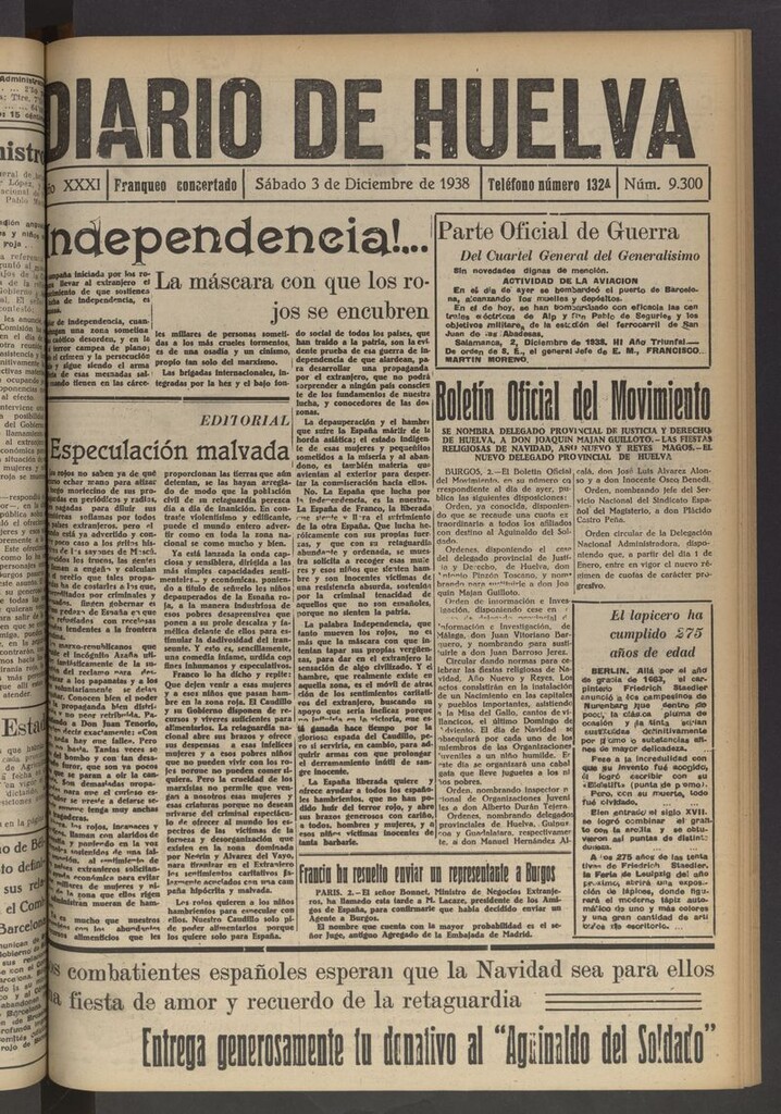 Miniatura de Diario de Huelva : periódico independiente del 3 de diciembre de 1938