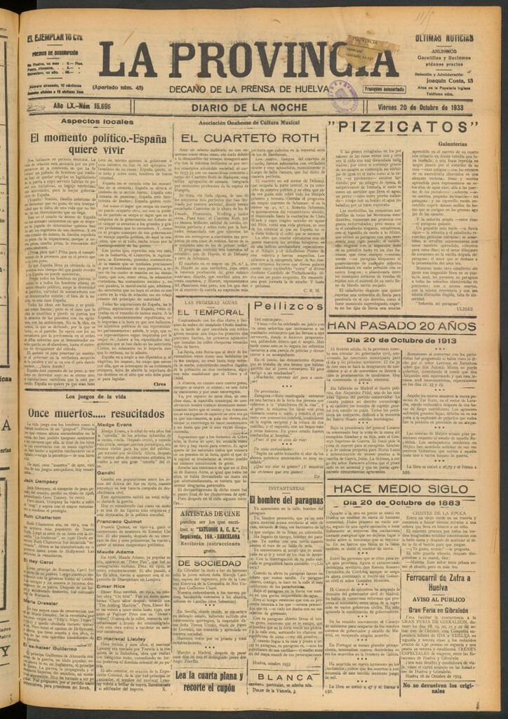 Miniatura de La Provincia : diario de la noche del 20 de octubre de 1933