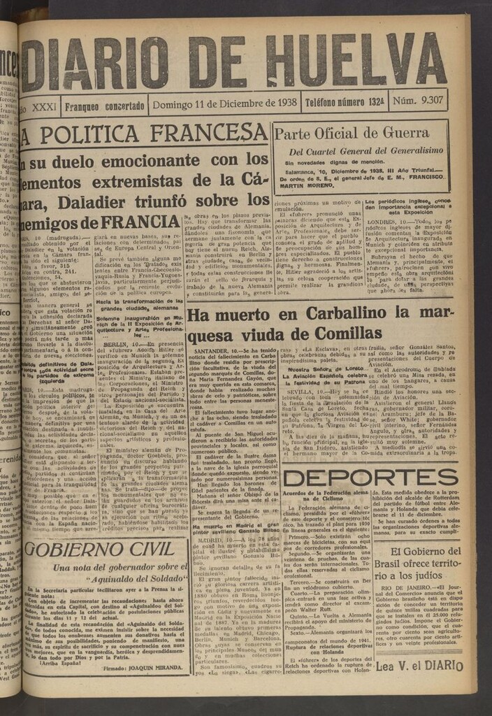 Miniatura de Diario de Huelva : periódico independiente del 11 de diciembre de 1938