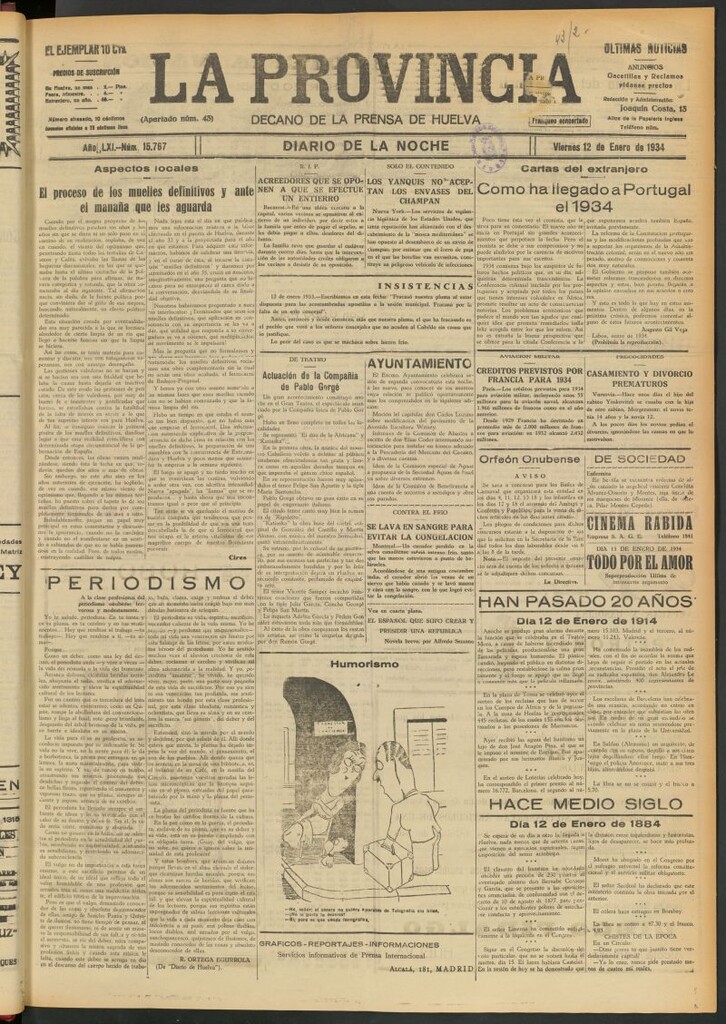 Miniatura de La Provincia : diario de la noche del 12 de enero de 1934