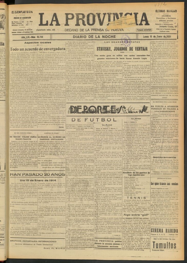 Miniatura de La Provincia : diario de la noche del 15 de enero de 1934