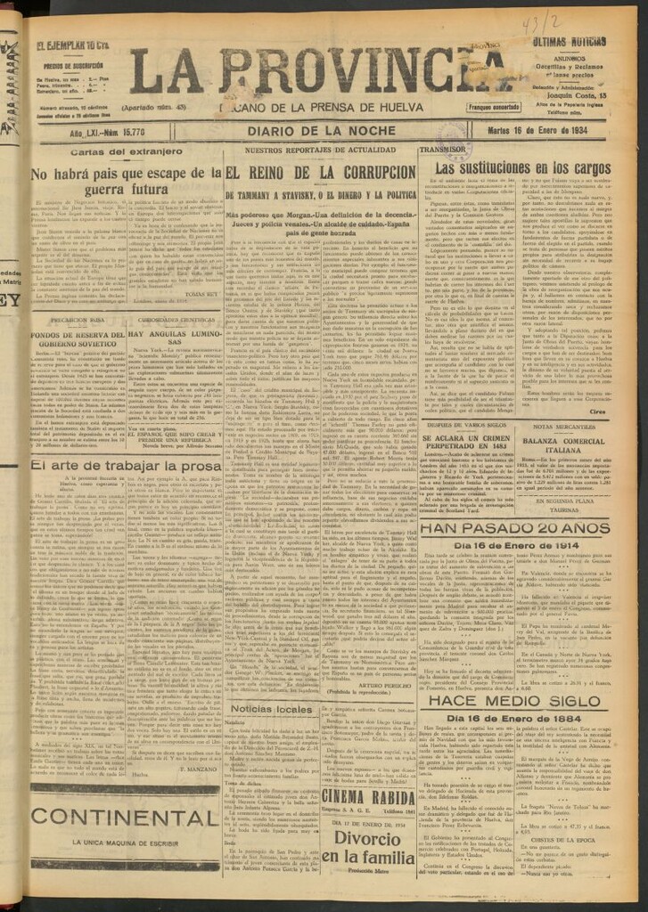Miniatura de La Provincia : diario de la noche del 16 de enero de 1934