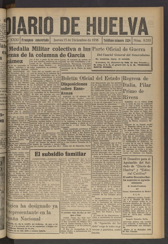 Miniatura de Diario de Huelva : periódico independiente del 15 de diciembre de 1938