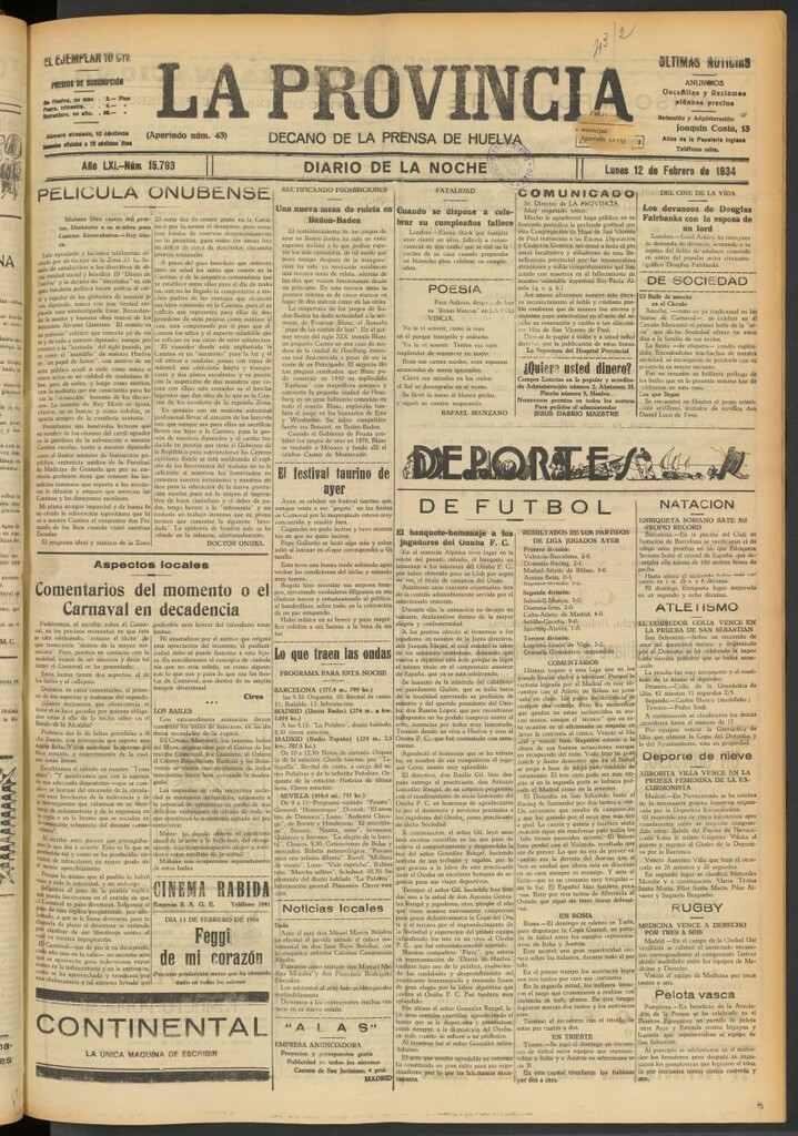 Miniatura de La Provincia : diario de la noche del 12 de febrero de 1934