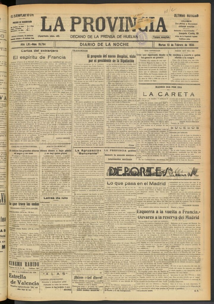 Miniatura de La Provincia : diario de la noche del 13 de febrero de 1934