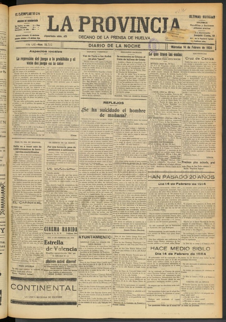 Miniatura de La Provincia : diario de la noche del 14 de febrero de 1934