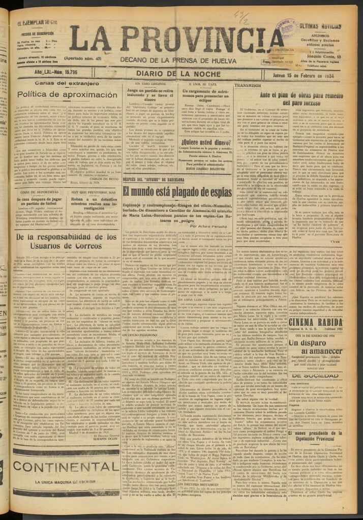 Miniatura de La Provincia : diario de la noche del 15 de febrero de 1934