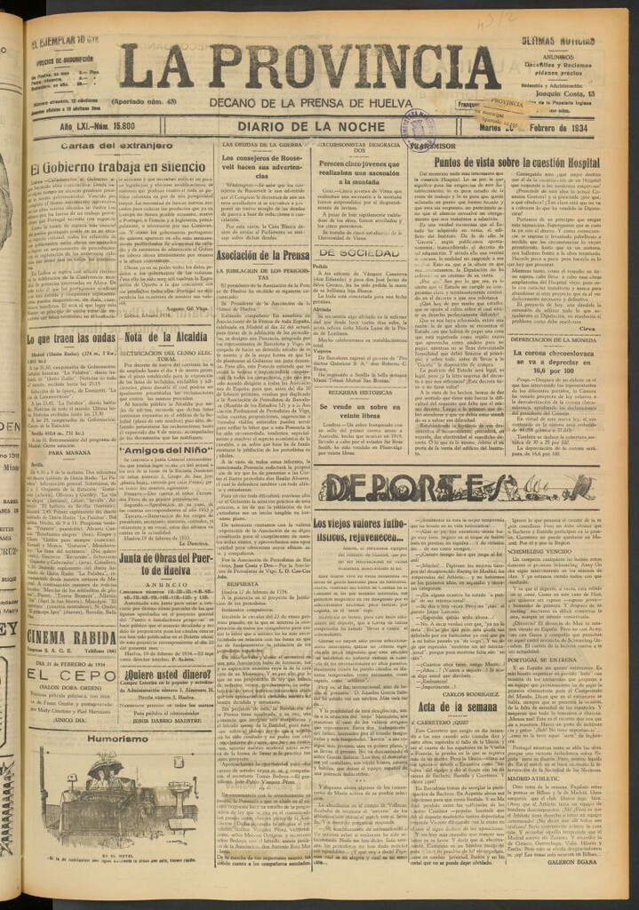 Miniatura de La Provincia : diario de la noche del 20 de febrero de 1934