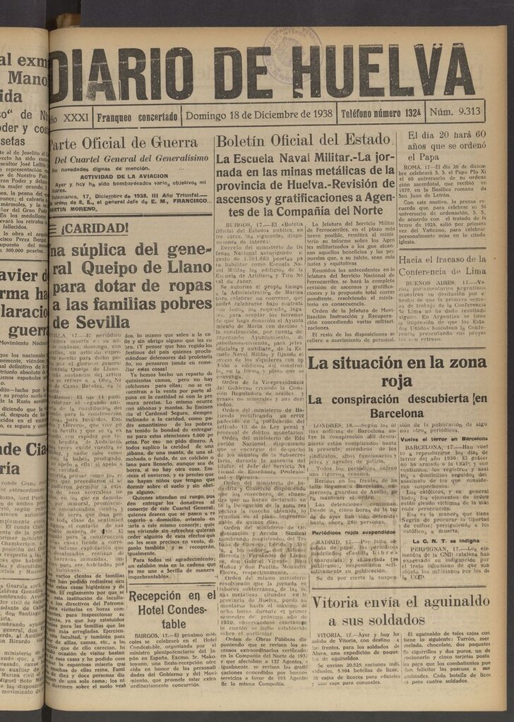 Miniatura de Diario de Huelva : periódico independiente del 18 de diciembre de 1938