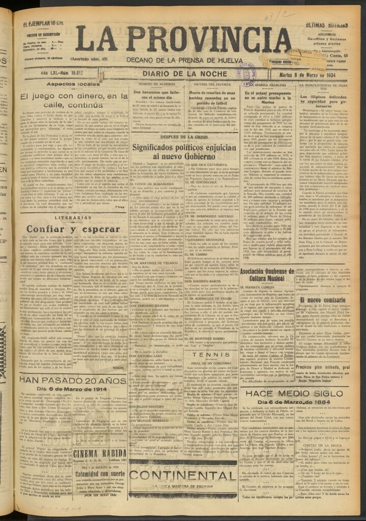 Miniatura de La Provincia : diario de la noche del 6 de marzo de 1934